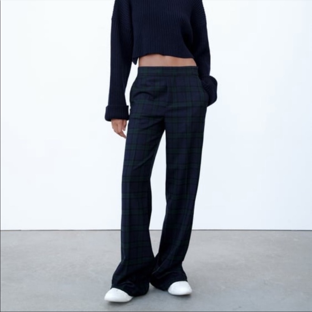 Zara NWT Plaid blue green black pants S